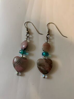 Handcrafted Pink Heart Stone Dangle Earrings